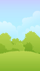 Vertical landscape illustration of forest, bushes and meadow for mobile app, web, game with clouds and blue sky. Vector background template for poster, banner or advertising brochure.