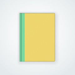 Book cover design for print with yellow striped background and green spine. Vector illustration of realistic simple hardcovored book, template for design, promotion, banners and posters.