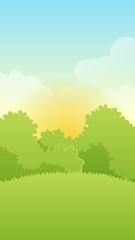Obraz na płótnie Canvas Vertical landscape illustration of forest, bushes and meadow for mobile app, web, game with clouds and yellow sunrise sky. Vector background template for poster, banner or advertising brochure.