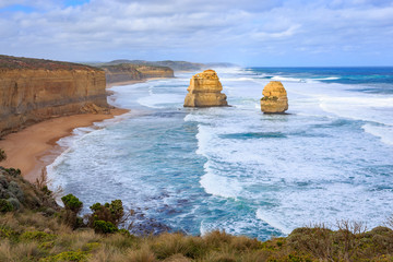 Very Big rock in the sea, Aerial view of Twelve Apostles rock formations and orange cliffs on the...