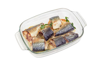 Baked Atlantic chub mackerel in the glass pan for baking