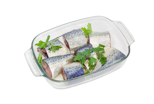 Pieces of Atlantic chub mackerel prepared for baking