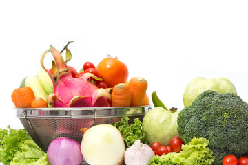 Collection fruits and vegetables in the basket  table isolated on a white background.
