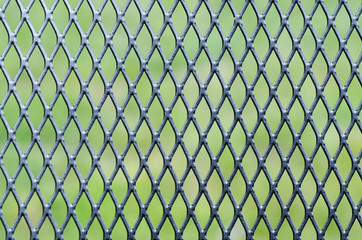 Close-up photo of a structure of iron mesh with green lawn in the background