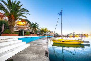 The pictursque port of Sitia, Crete, Greece at sunset. Sitia is a traditional town at the east Crete near the beach of palm trees, Vai.  
