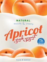 Natural Yogurt ads or packaging design. Illustration of zero fat healthy dairy product with apricot pieces and flavor
