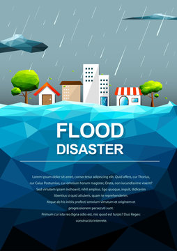Polygonal flooding in city-Flood Disaster concept.Vector Illustration.
