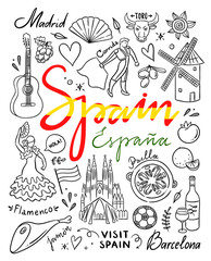Spain hand drawn illustrations. Visit Spain traveling vector doodles