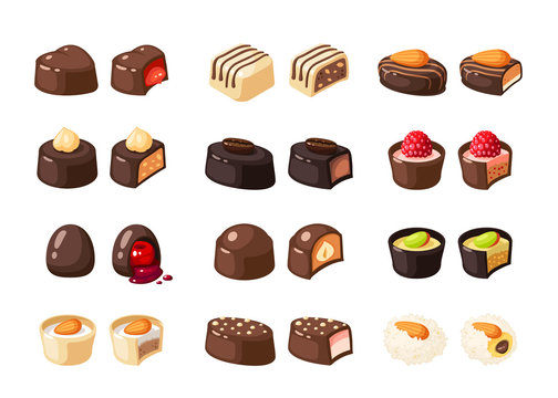 Set of chocolate covered bonbon stuffed nougat, mousse, cream. Vector illustration candy flat icon collection isolated on white.