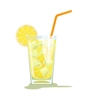 Glass of lemonade. Glass of lemon cocktail with straw. Vector illustration  isolated on white background