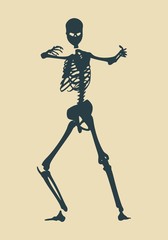 Human skeleton in fighting pose. Halloween party design template