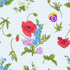 Seamless pattern with poppy flowers, daffodils, anemones, violet