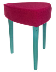 Handmade stool in turquoise with black dots. Triangular seat with brown material.