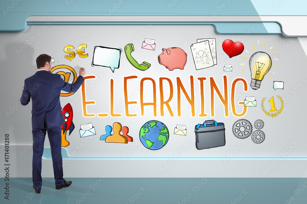 Poster Businessman drawing e-learning sketch on a board 3D rendering