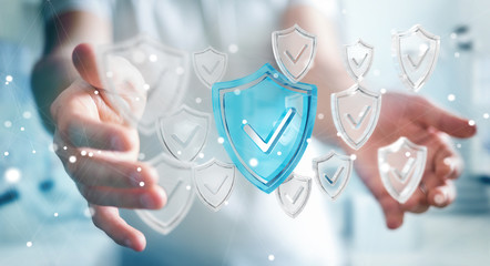 Businessman using modern data shield antivirus 3D rendering
