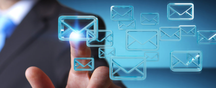 Businessman holding and touching floating emails 3D rendering