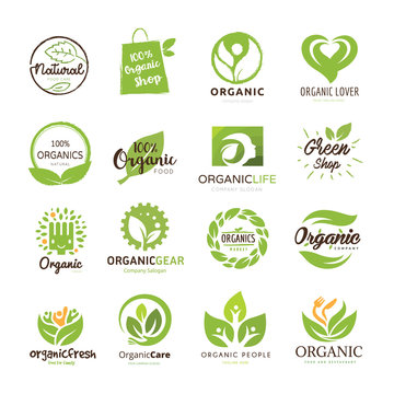 Organic food logo, set for food and drink logo, restaurants and organic products. Green and eco care logo.vector illustration.