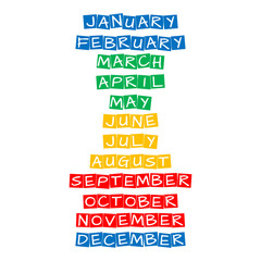 month names collection, text in colorful rotated squares
