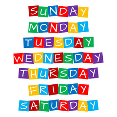 weekday names set, text in colorful rotated squares