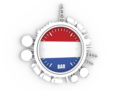 Circle with energy relative silhouettes. Design set of natural gas industry. Objects located around the manometer circle. 3D rendering. Flag of the Netherlands