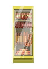 Fridge with glass door full of sausages isolated illustration