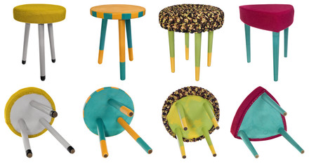 Handmade stool wooden multicolored patterns. Multicolor seats of different materials and various...