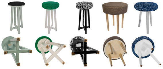 Handmade stool wooden multicolored patterns. Multicolor seats of different materials and various designs.
