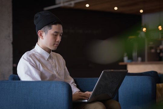 Businessman using laptop on armchair