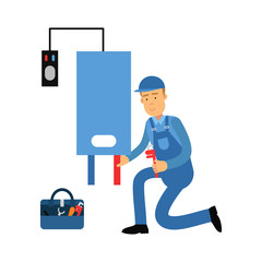 Proffesional plumber man character installing a water heater, plumbing service vector Illustration