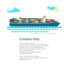 Poster Cargo Container Ship , Industrial Marine Vessel with Containers on Board and Text, International Freight Transportation, Brochure Flyer Design, Vector Illustration