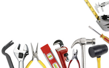 set of tools in toolbelt tape measure nippers djustable wrench pliers pencil hammer cutter
