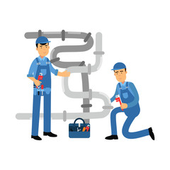 Proffesional plumber men characters repairing and fixing water pipes, plumbing service vector Illustration