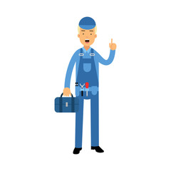 Proffesional plumber character in a blue overall standing with tool box anf showing hand gesture with a raised index finger, plumbing service vector Illustration