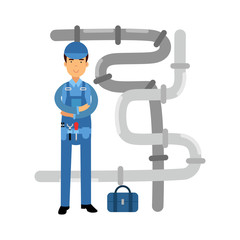 Proffesional plumber character at work, plumbing service vector Illustration