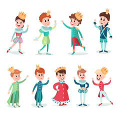 Fototapeta premium Little boys in prince costume with crown, cute cartoon characters set colorful vector Illustrations