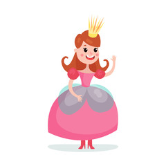 Beautiful cartoon princess girl character in a pink ball dress and crown colorful vector Illustration