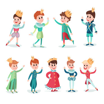 Little boys in prince costume with crown, cute cartoon characters set colorful vector Illustrations