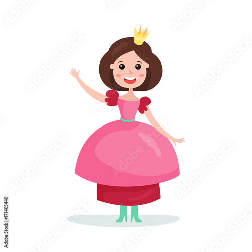 "Beautiful cartoon brunette princess girl character in a pink ball