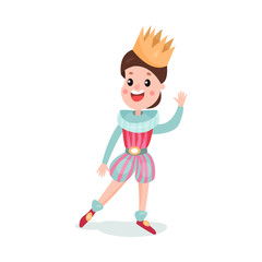 Fototapeta na wymiar Cute happy cartoon boy character in prince costume with crown colorful vector Illustration