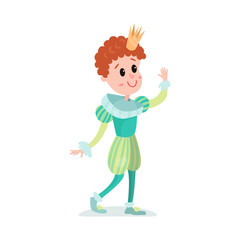 Cute redhead cartoon boy character in prince costume with crown colorful vector Illustration