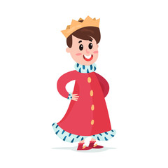  Cute cartoon boy character in prince costume with crown and red mantle colorful vector Illustration