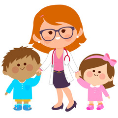 Pediatrician and sick children. Vector illustration