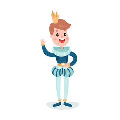  Cute cartoon boy character in prince costume with crown waving his hand colorful vector Illustration