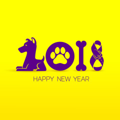 Happy new year 2018. Text design calendar. Dog symbols. Vector illustration. Isolated on yellow background