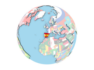 Spain on globe isolated