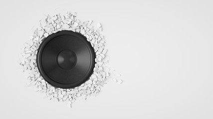 White wall breaks from sound with loudspeaker 3d rendering