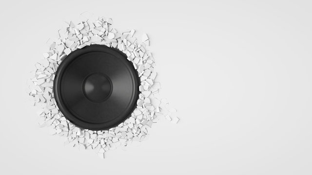 White wall breaks from sound with loudspeaker 3d rendering