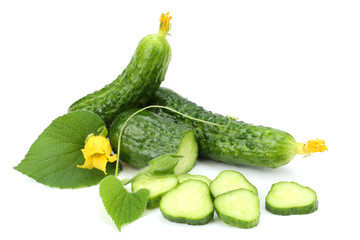 cucumber with sliced cucumber and leaf isolated on white background