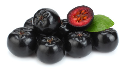Chokeberry with leaf isolated on white background. Black aronia