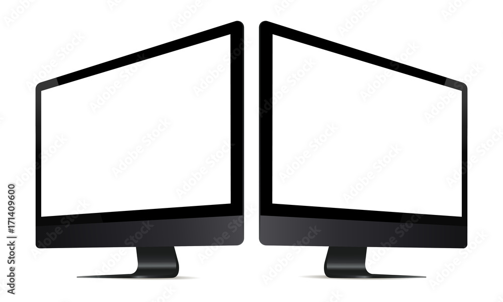 Poster computer monitor mockup with perspective view. two black monitors with blank screens isolated on whi